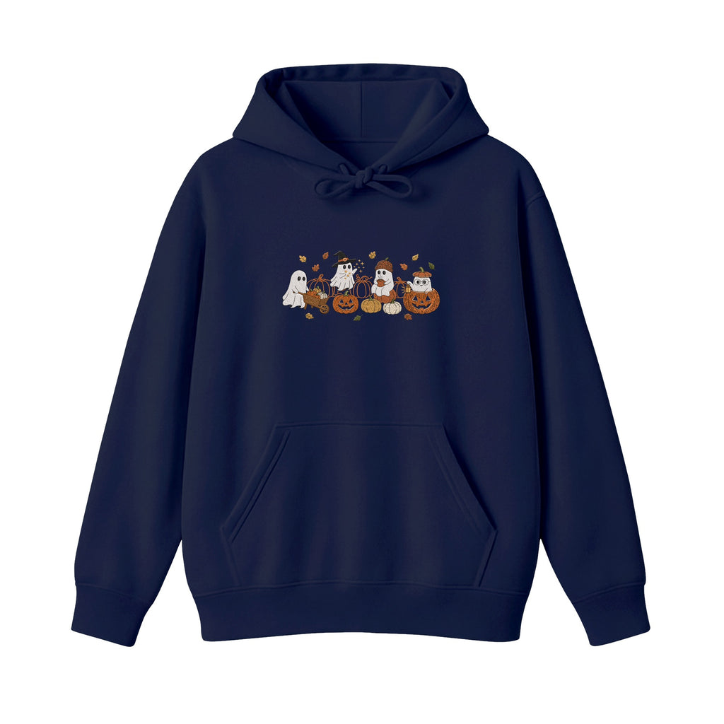 Ghost Pumpkin Patch Cute Halloween embroidered hoodie in Navy — chest embroidery
