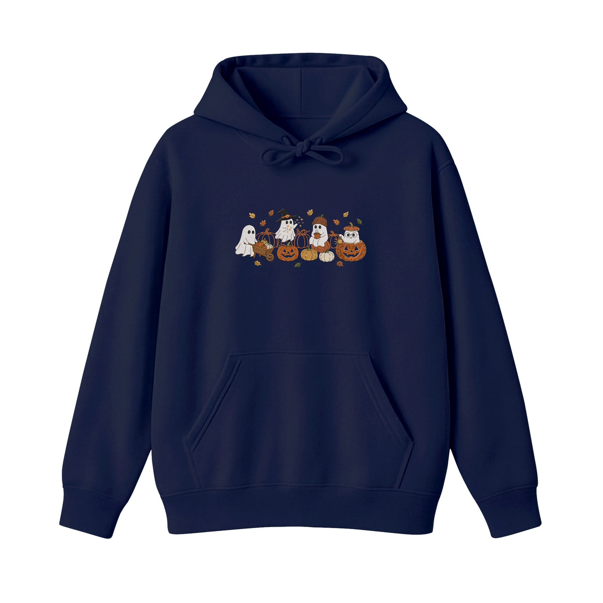 Ghost Pumpkin Patch Cute Halloween embroidered hoodie in Navy — chest embroidery