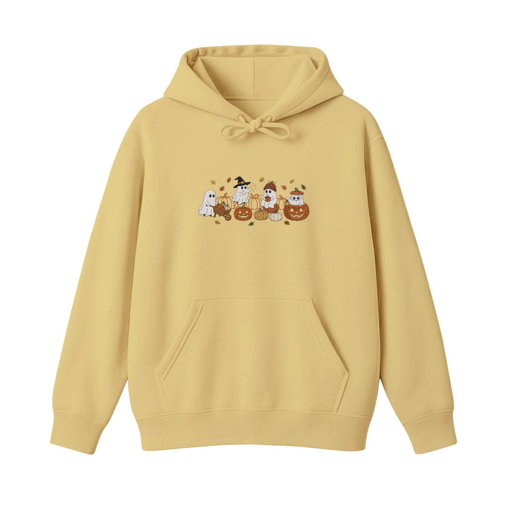 Ghost Pumpkin Patch Cute Halloween embroidered hoodie in Sand — chest embroidery