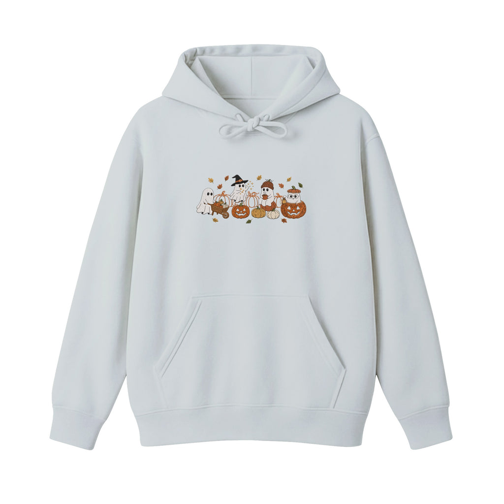 Ghost Pumpkin Patch Cute Halloween embroidered hoodie in Sports Grey — chest embroidery