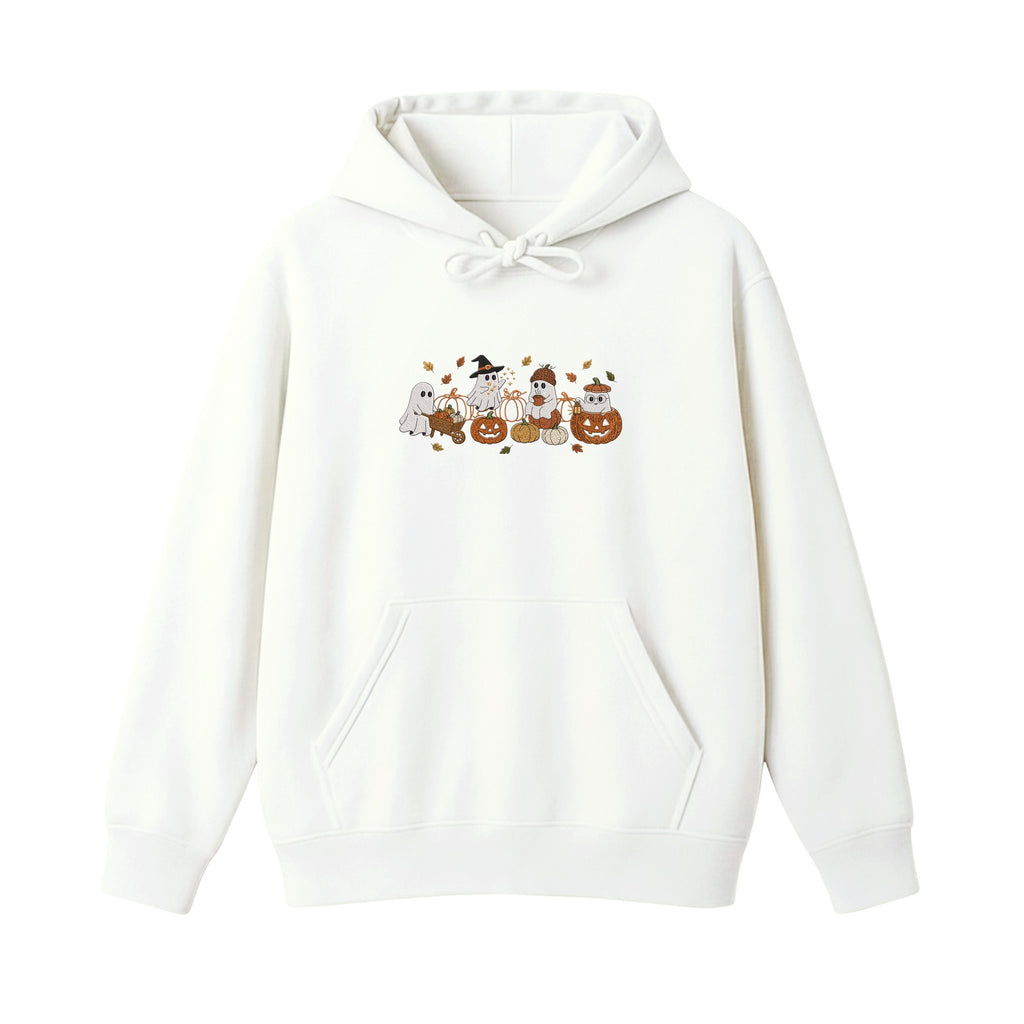 Ghost Pumpkin Patch Cute Halloween embroidered hoodie in White — chest embroidery