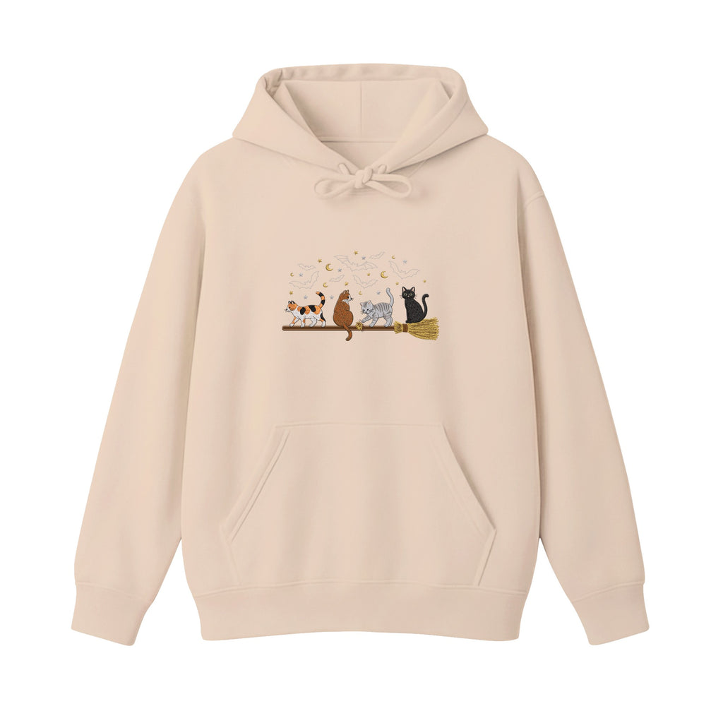 Cats on a Broomstick Bats Moon Halloween embroidered hoodie in Beige — chest embroidery