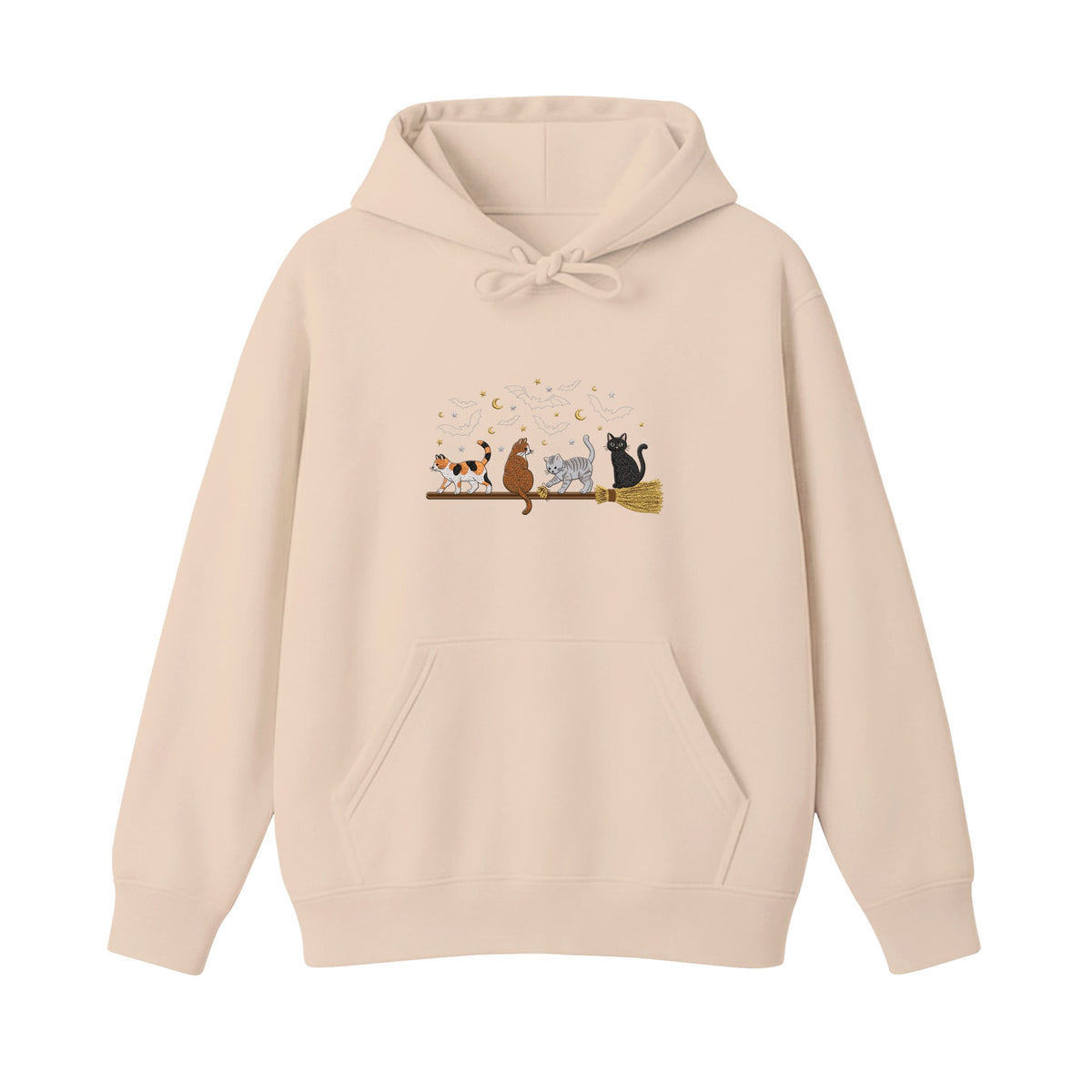 Cats on a Broomstick Bats Moon Halloween embroidered hoodie in Beige — chest embroidery