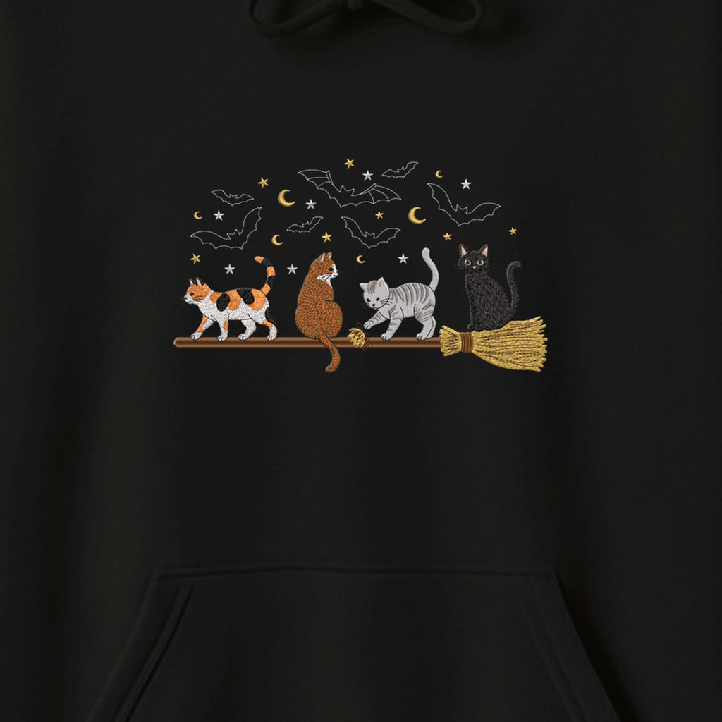 Cats on a Broomstick Bats Moon Halloween embroidered hoodie — chest embroidery