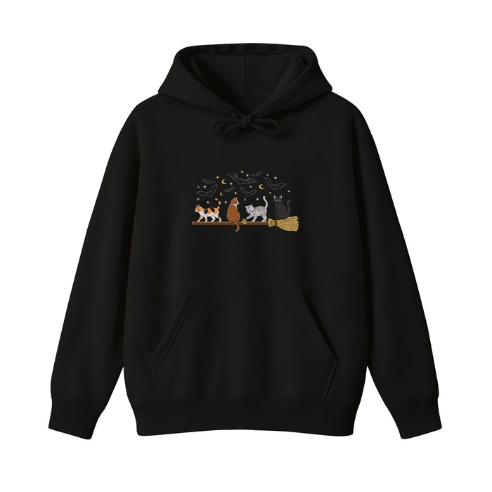 Cats on a Broomstick Bats Moon Halloween Embroidered Hoodie