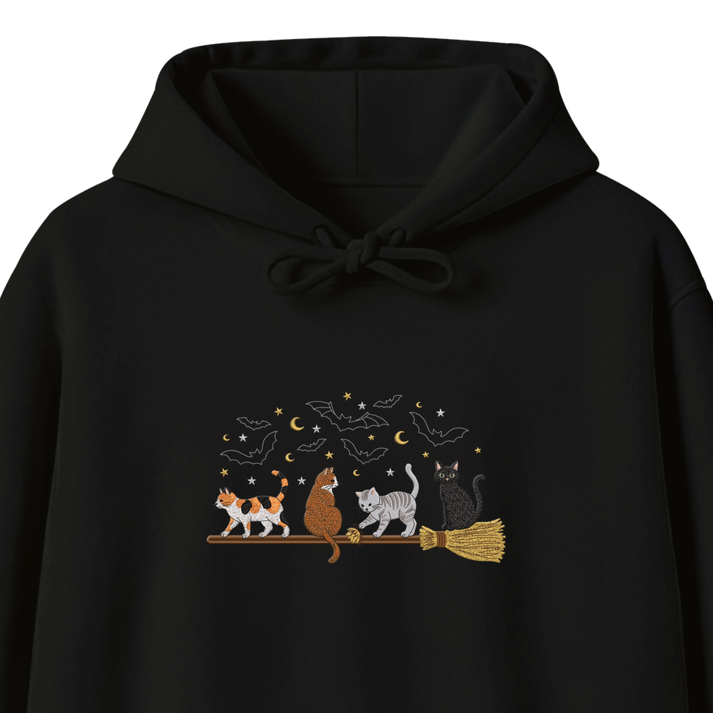 Cats on a Broomstick Bats Moon Halloween embroidered hoodie — chest embroidery