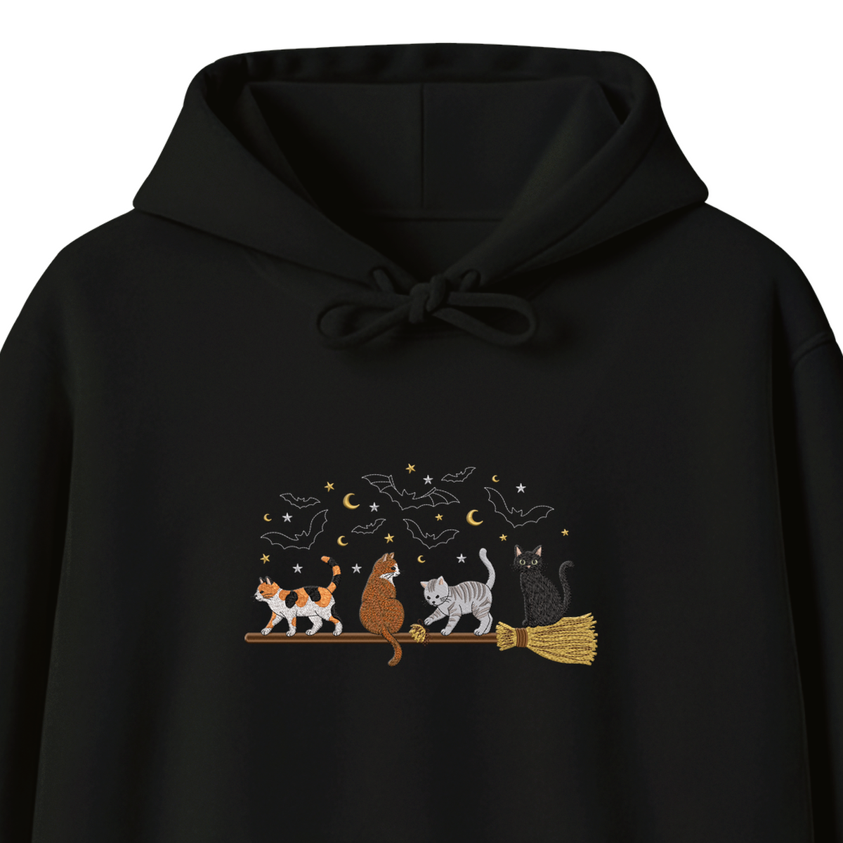 Cats on a Broomstick Bats Moon Halloween embroidered hoodie — chest embroidery