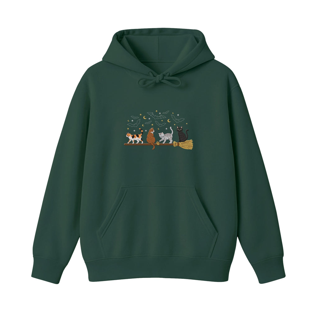 Cats on a Broomstick Bats Moon Halloween embroidered hoodie in Forest Green — chest embroidery