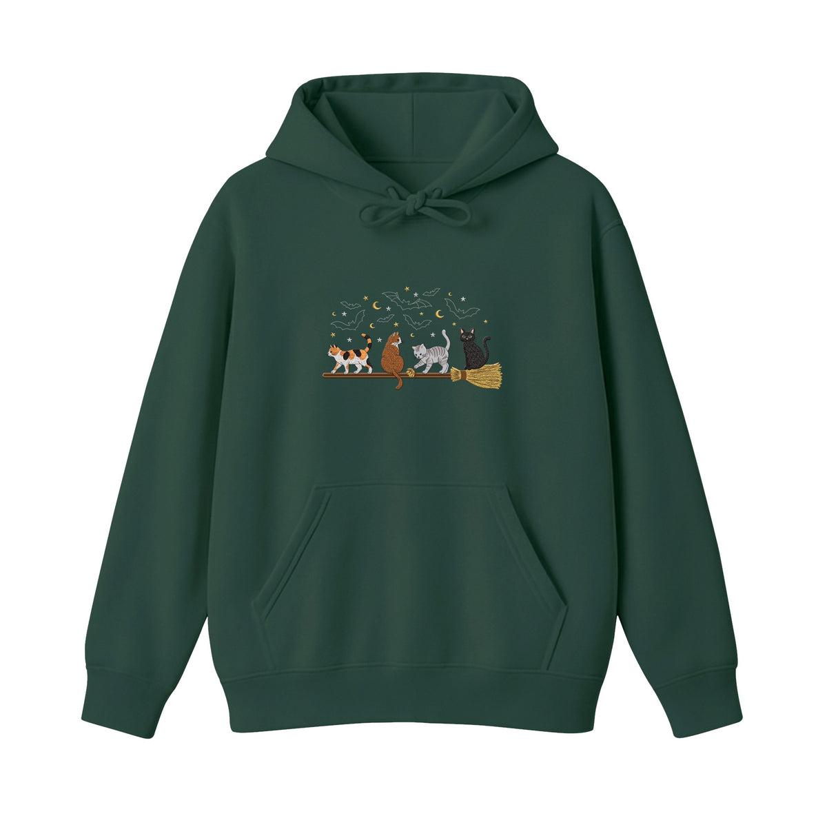Cats on a Broomstick Bats Moon Halloween embroidered hoodie in Forest Green — chest embroidery