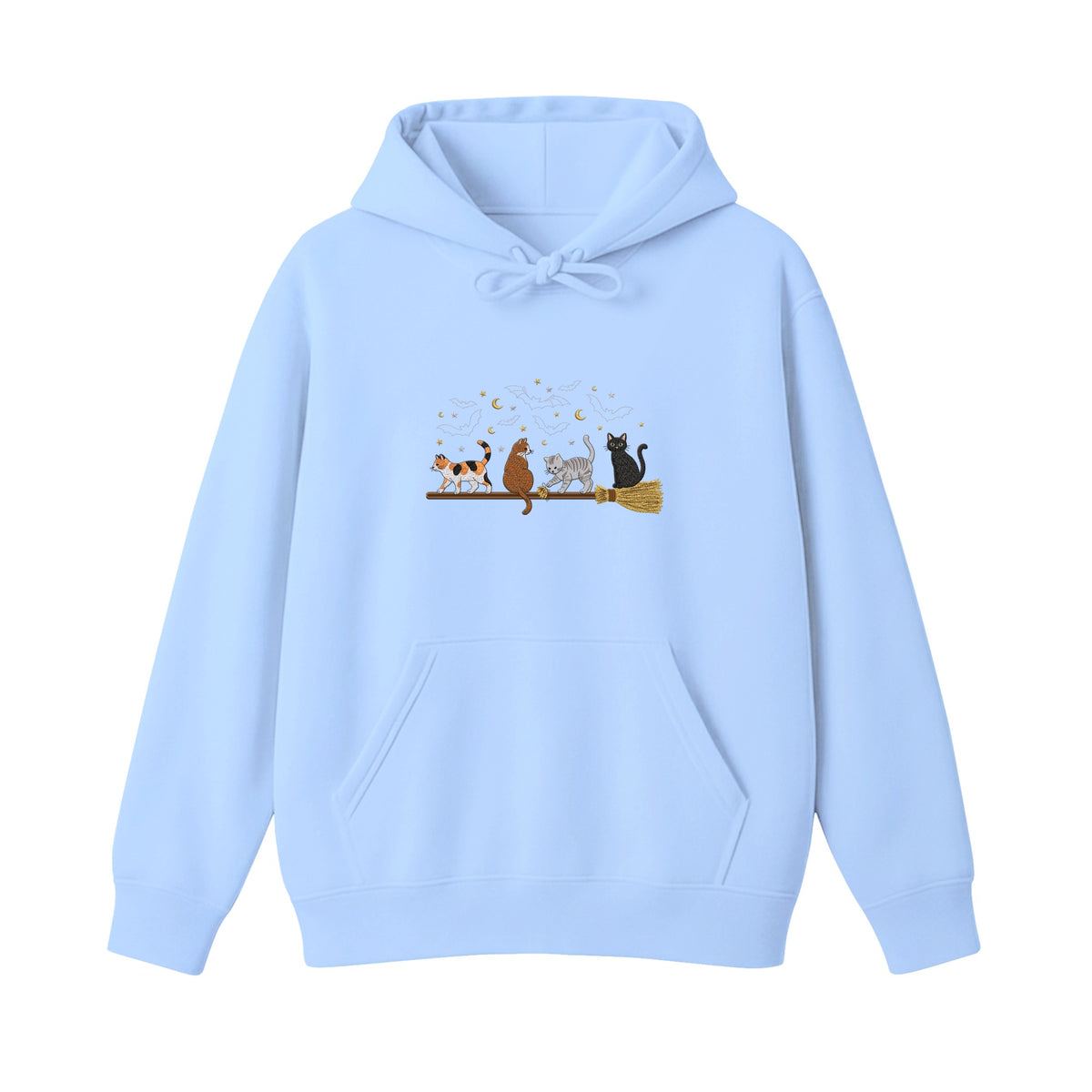 Cats on a Broomstick Bats Moon Halloween embroidered hoodie in Light Blue — chest embroidery