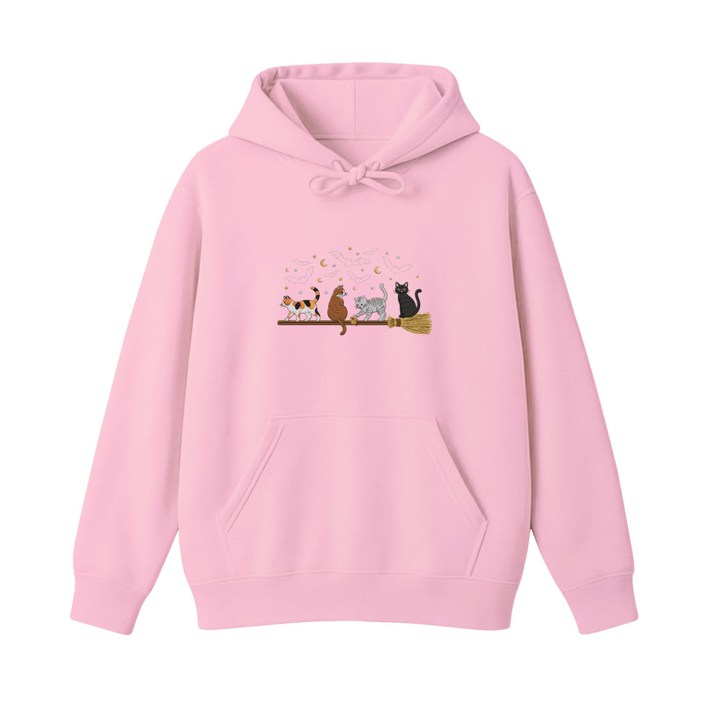 Cats on a Broomstick Bats Moon Halloween embroidered hoodie in Light Pink — chest embroidery