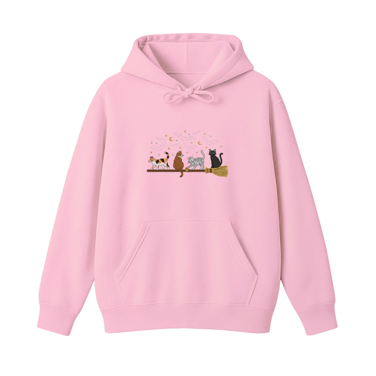 Cats on a Broomstick Bats Moon Halloween embroidered hoodie in Light Pink — chest embroidery