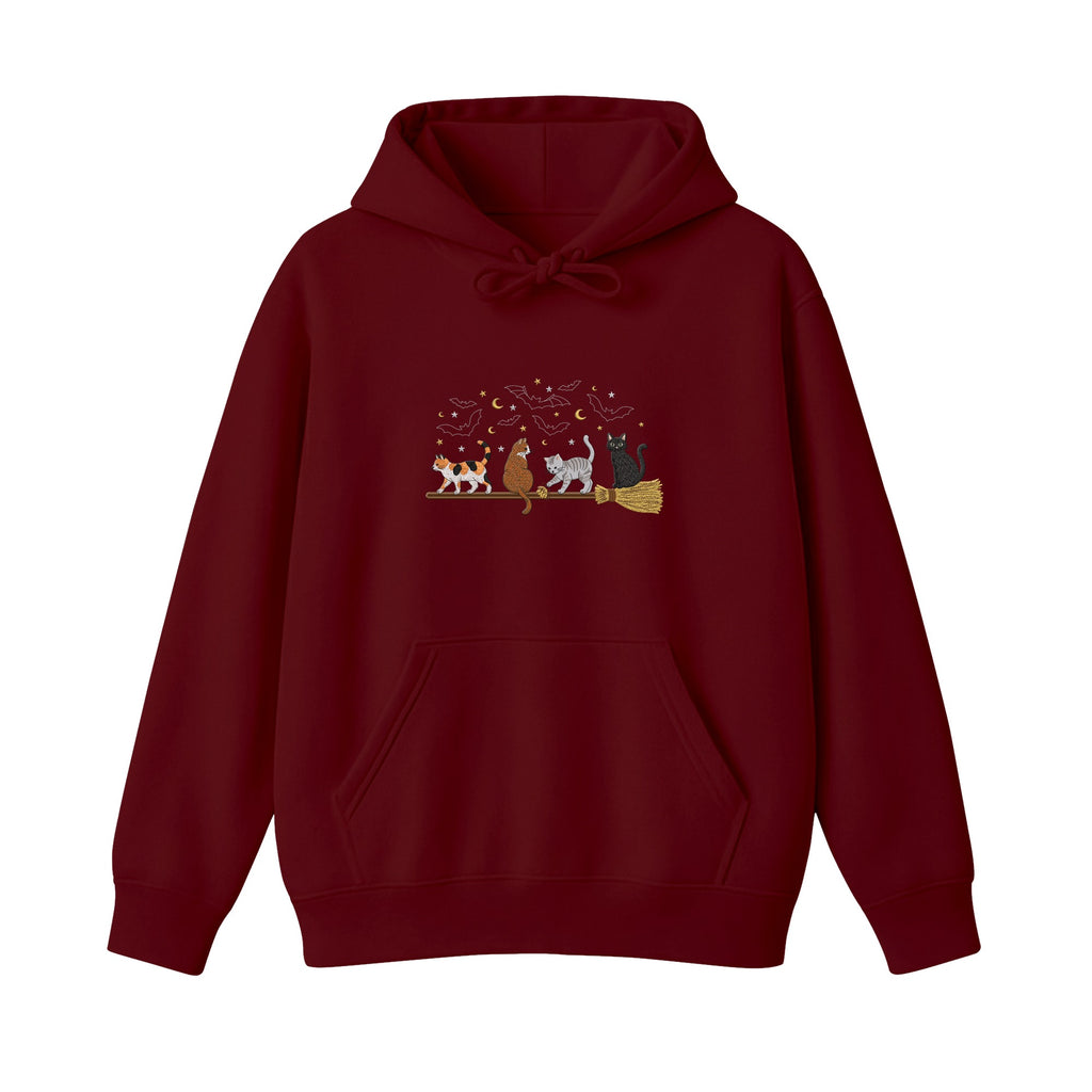 Cats on a Broomstick Bats Moon Halloween embroidered hoodie in Marron — chest embroidery