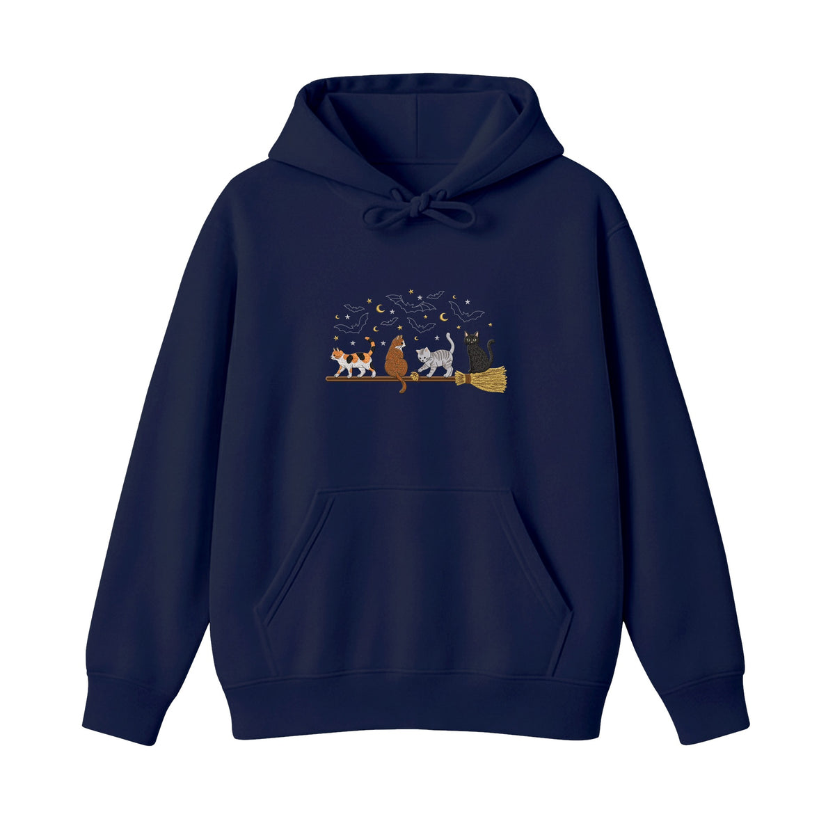 Cats on a Broomstick Bats Moon Halloween embroidered hoodie in Navy — chest embroidery