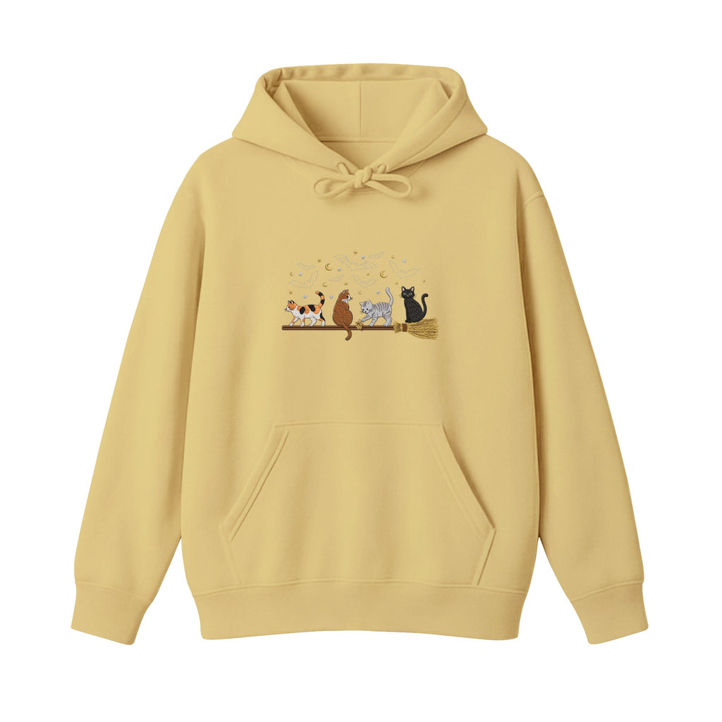 Cats on a Broomstick Bats Moon Halloween embroidered hoodie in Sand — chest embroidery