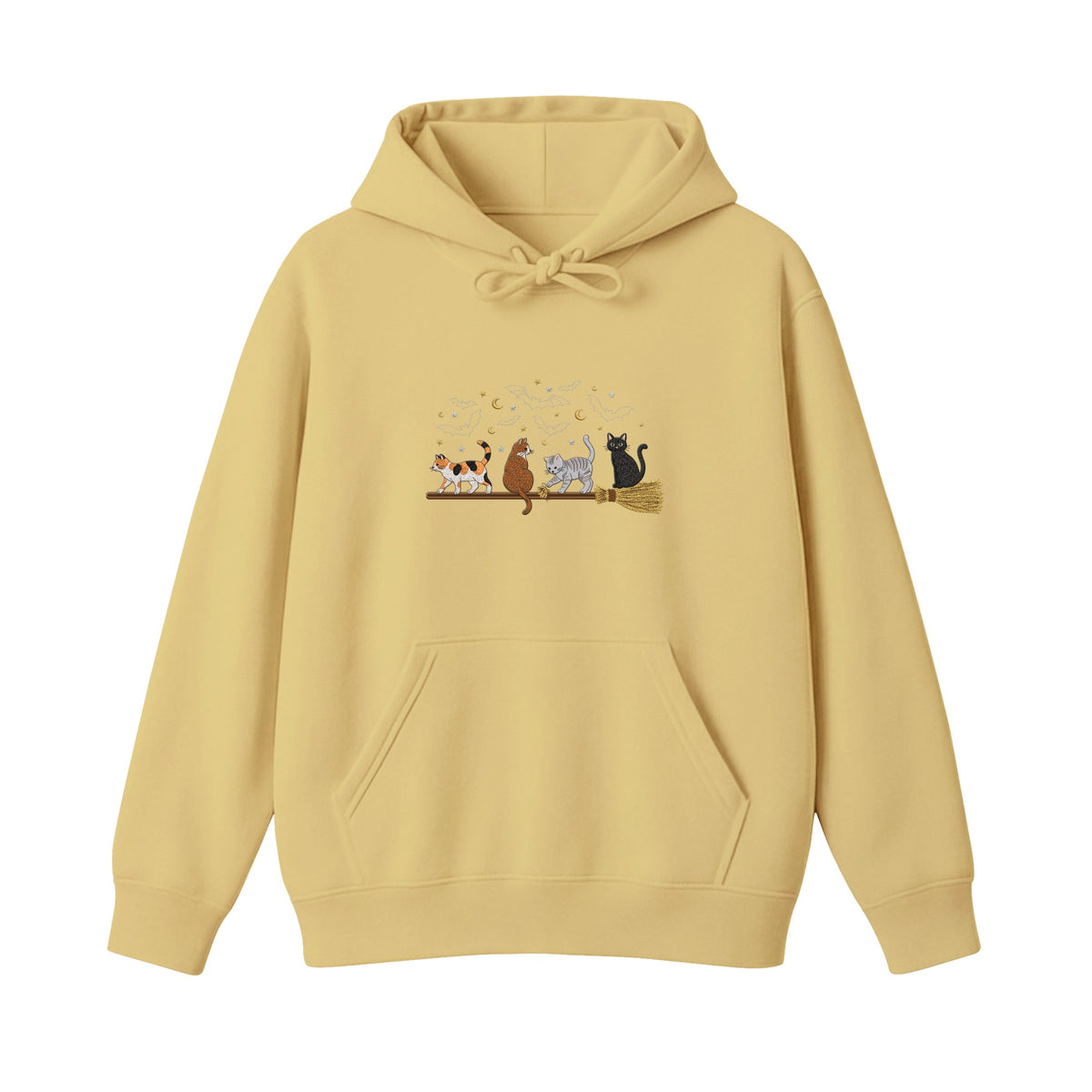 Cats on a Broomstick Bats Moon Halloween embroidered hoodie in Sand — chest embroidery