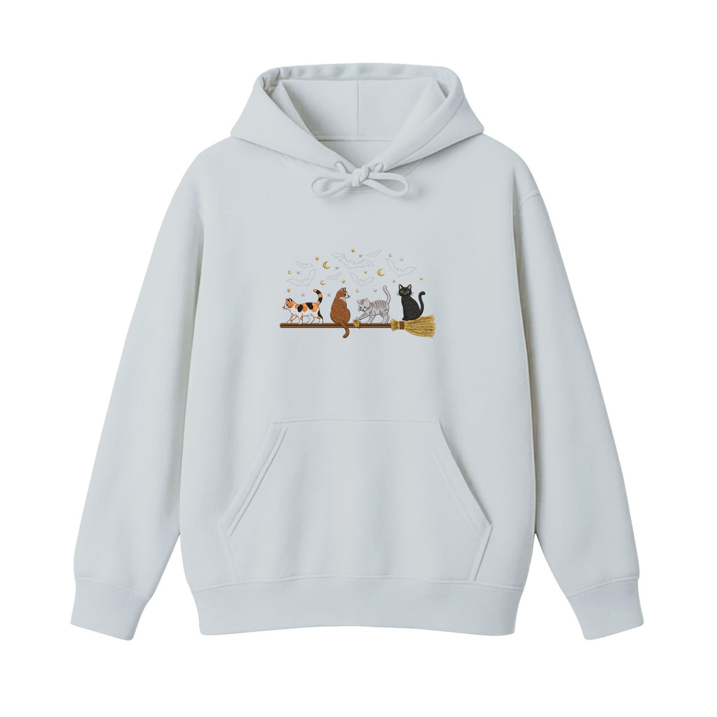 Cats on a Broomstick Bats Moon Halloween embroidered hoodie in Sports Grey — chest embroidery