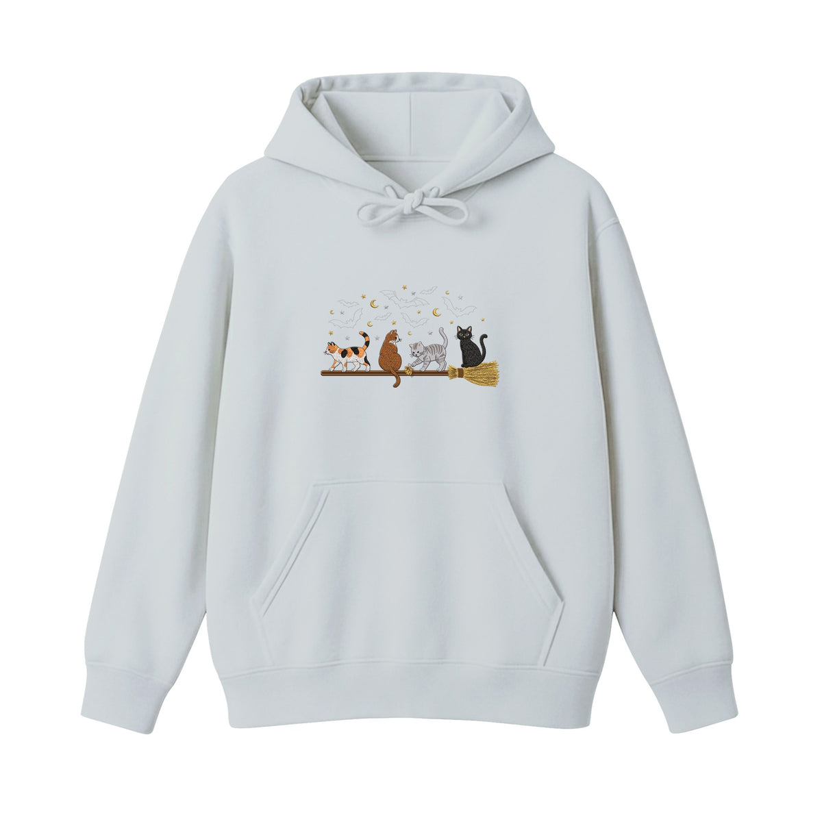 Cats on a Broomstick Bats Moon Halloween embroidered hoodie in Sports Grey — chest embroidery