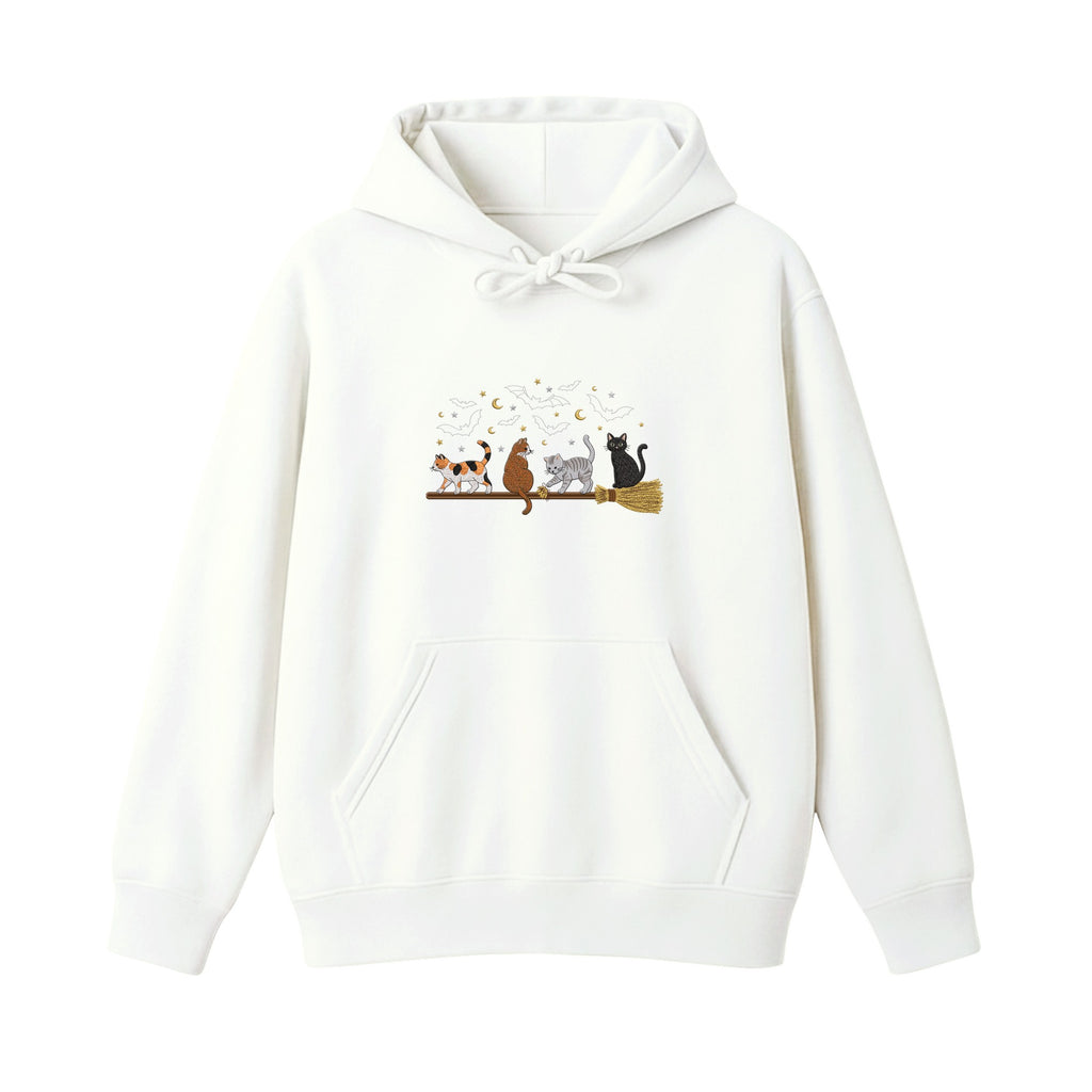 Cats on a Broomstick Bats Moon Halloween embroidered hoodie in White — chest embroidery