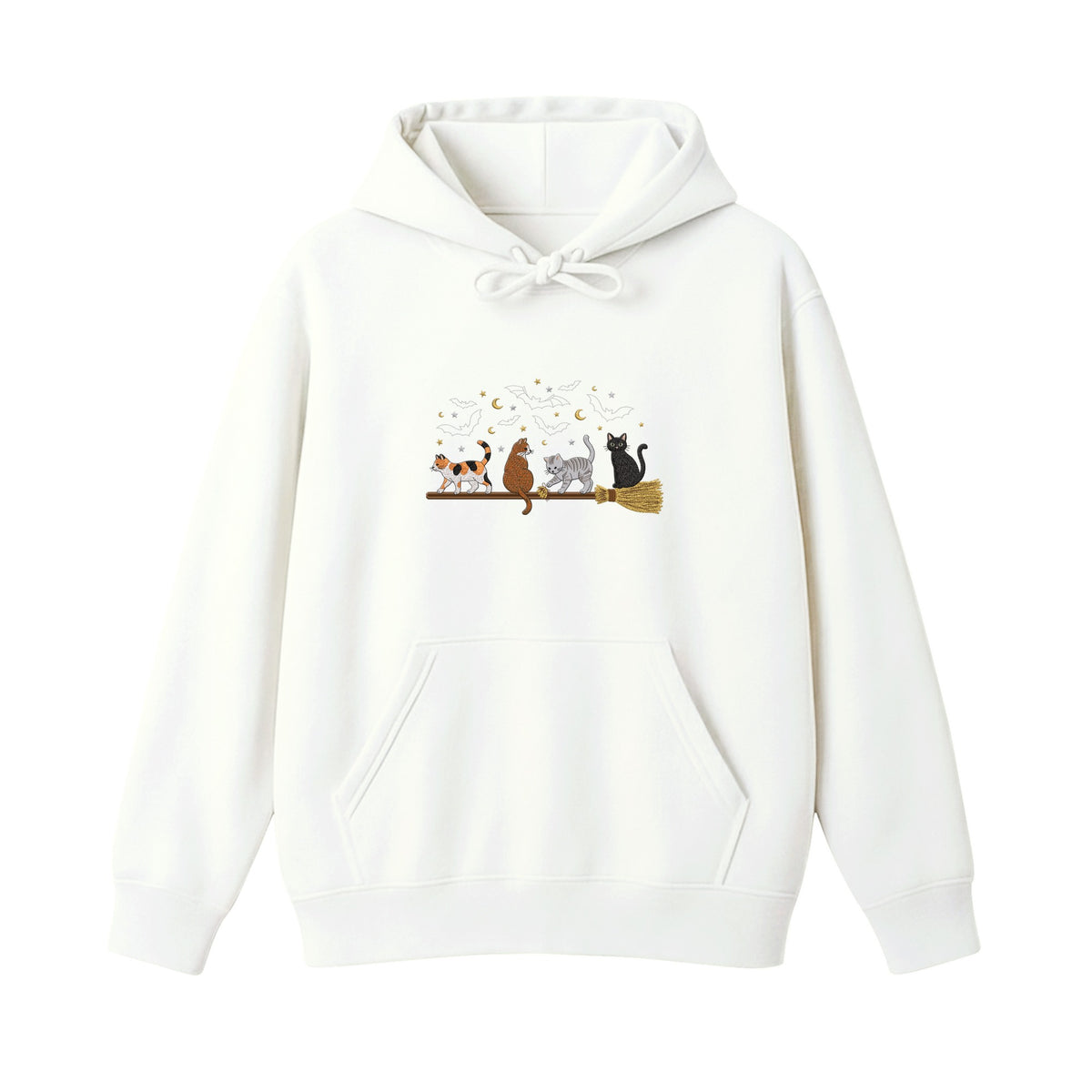 Cats on a Broomstick Bats Moon Halloween embroidered hoodie in White — chest embroidery
