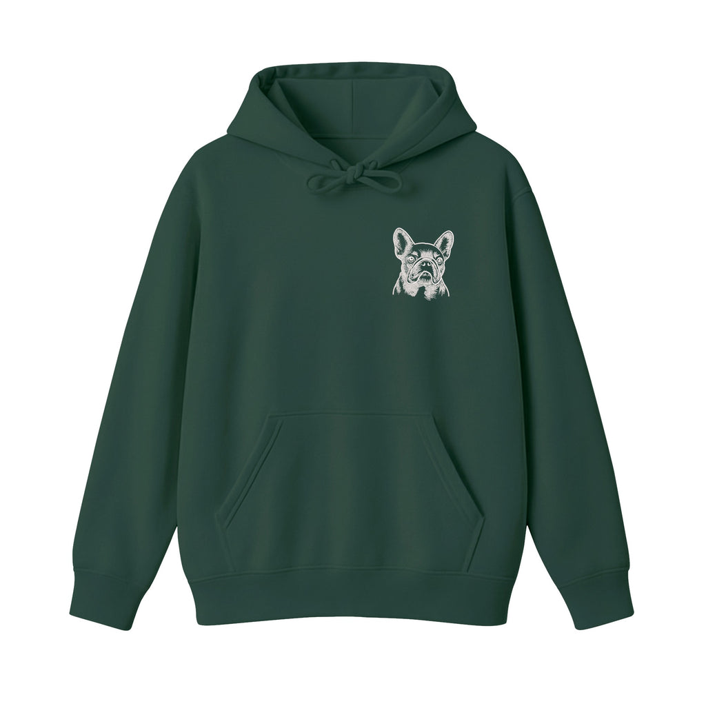Custom Name French Bulldog Line Art embroidered hoodie in Forest Green — chest embroidery