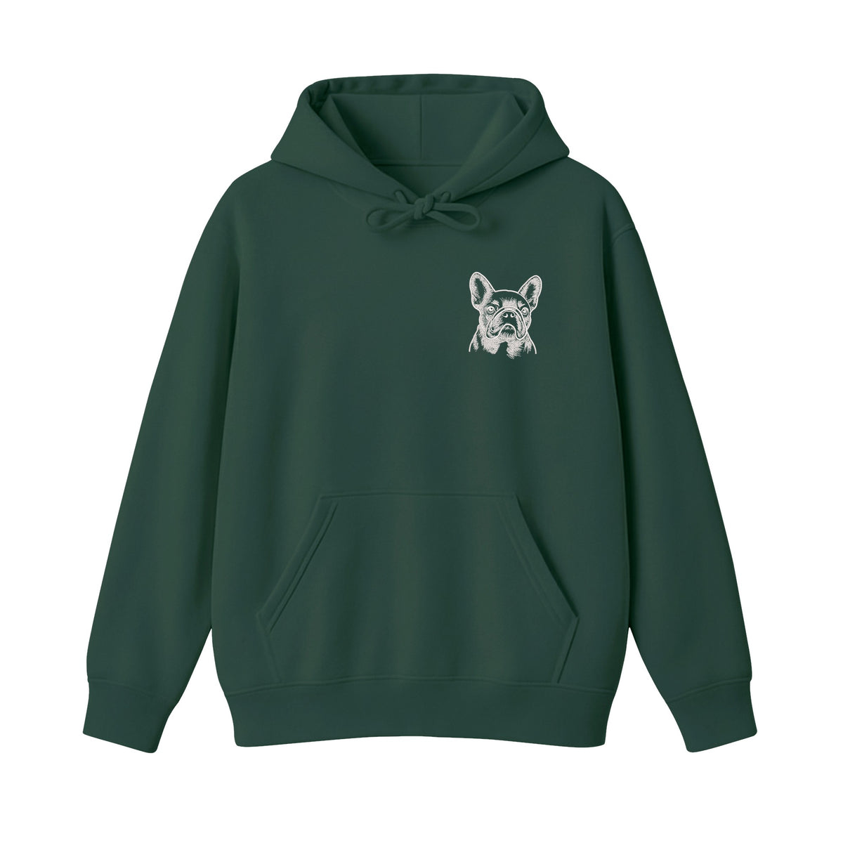 Custom Name French Bulldog Line Art embroidered hoodie in Forest Green — chest embroidery