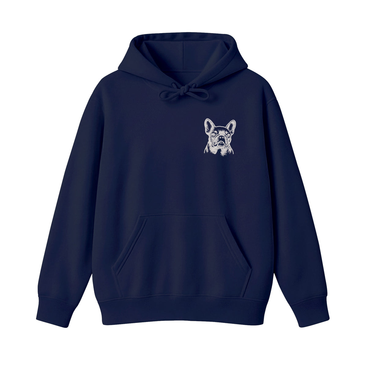 Custom Name French Bulldog Line Art embroidered hoodie in Navy — chest embroidery
