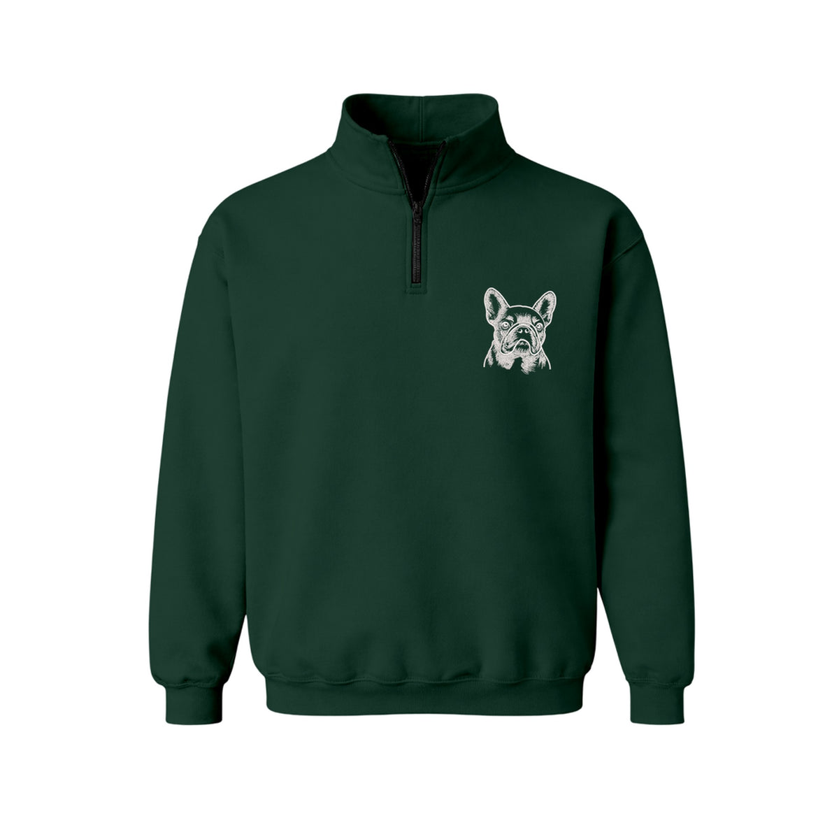 Custom Name French Bulldog Line Art embroidered quarter-zip in Forest Green — chest embroidery