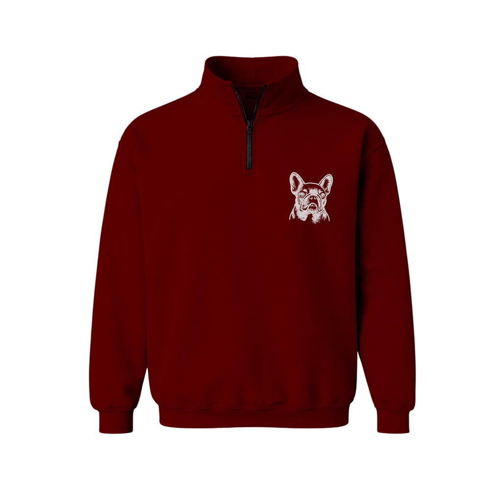 Custom Name French Bulldog Line Art embroidered quarter-zip in Marron — chest embroidery