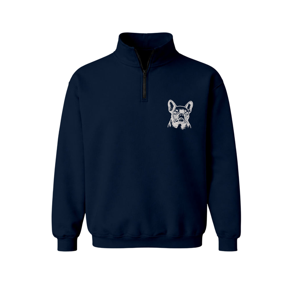 Custom Name French Bulldog Line Art embroidered quarter-zip in Navy — chest embroidery