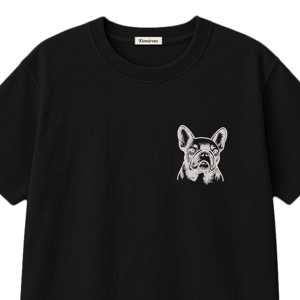 Custom Name French Bulldog Line Art embroidered t-shirt — chest embroidery