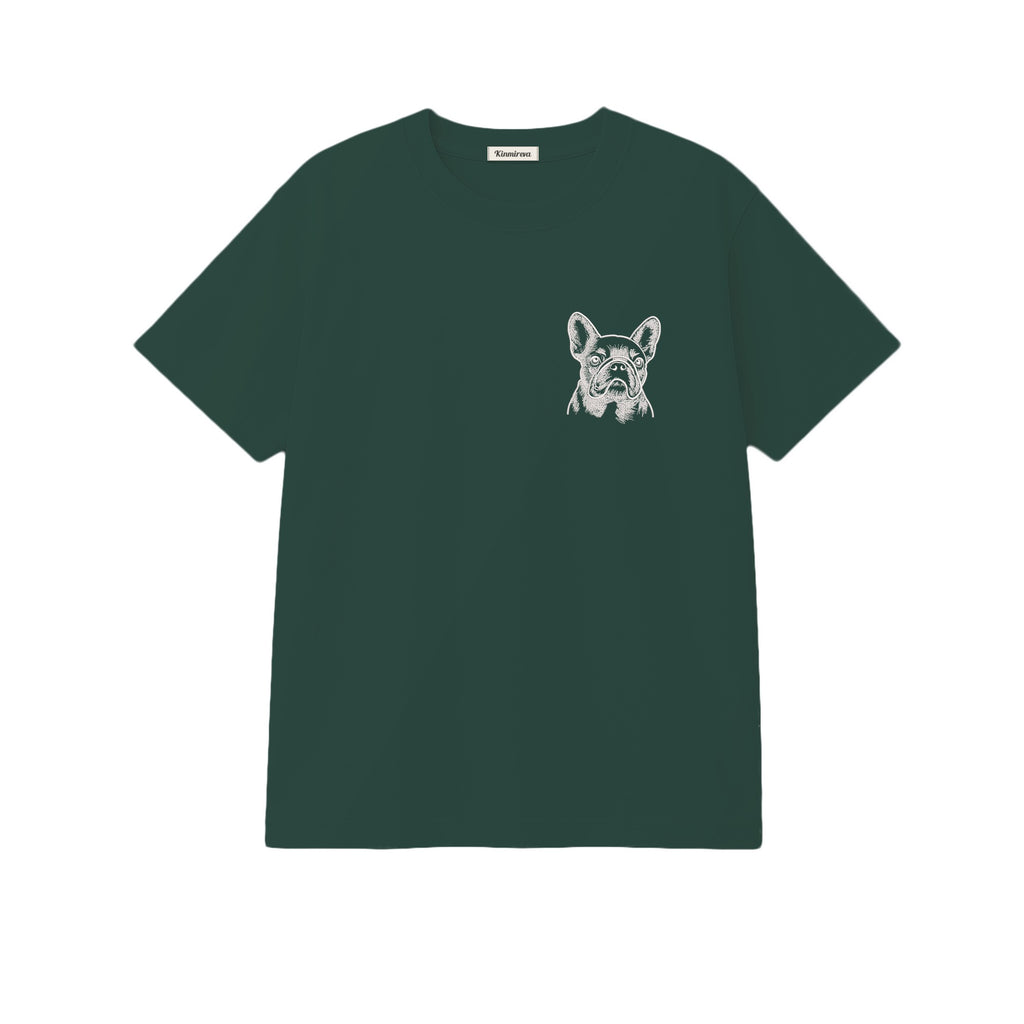 Custom Name French Bulldog Line Art embroidered t-shirt in Forest Green — chest embroidery