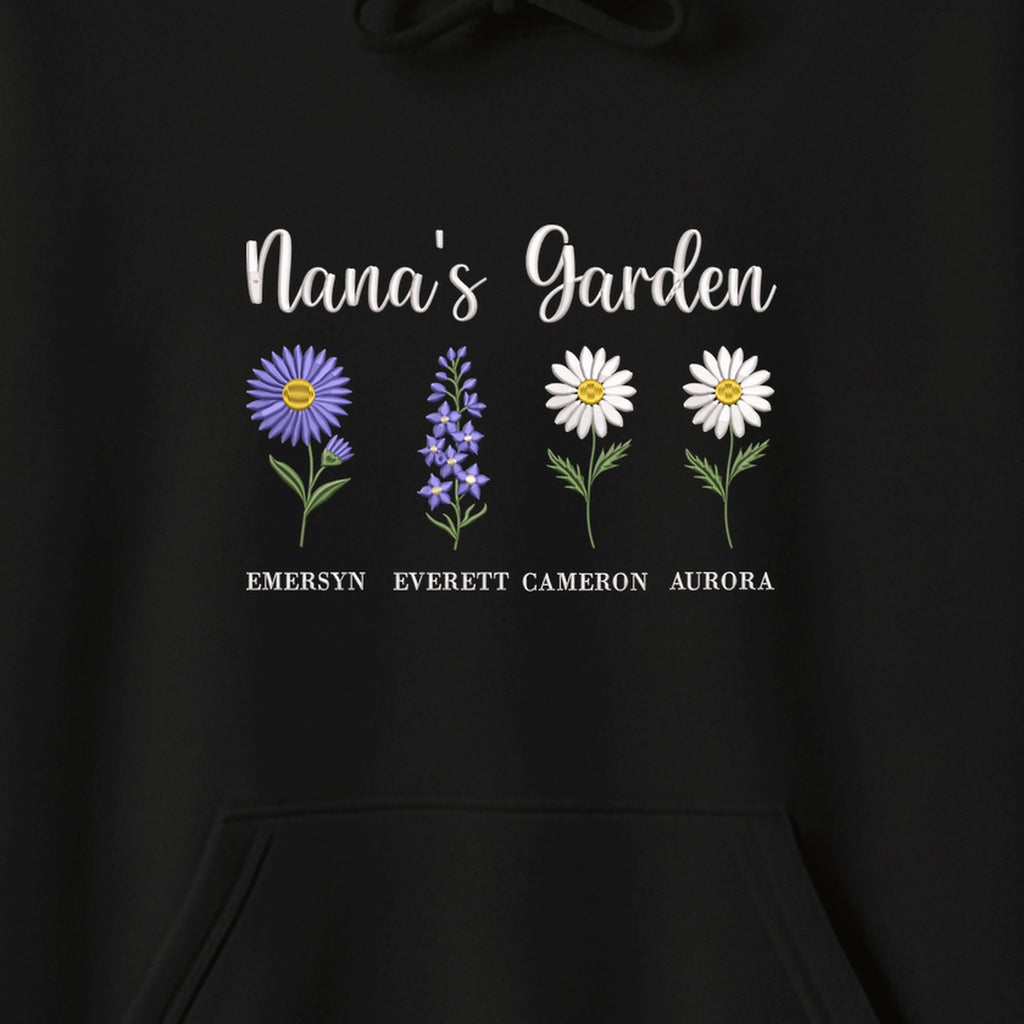 Nana's Garden Custom Grandkids Name Birth Flower embroidered hoodie — chest embroidery