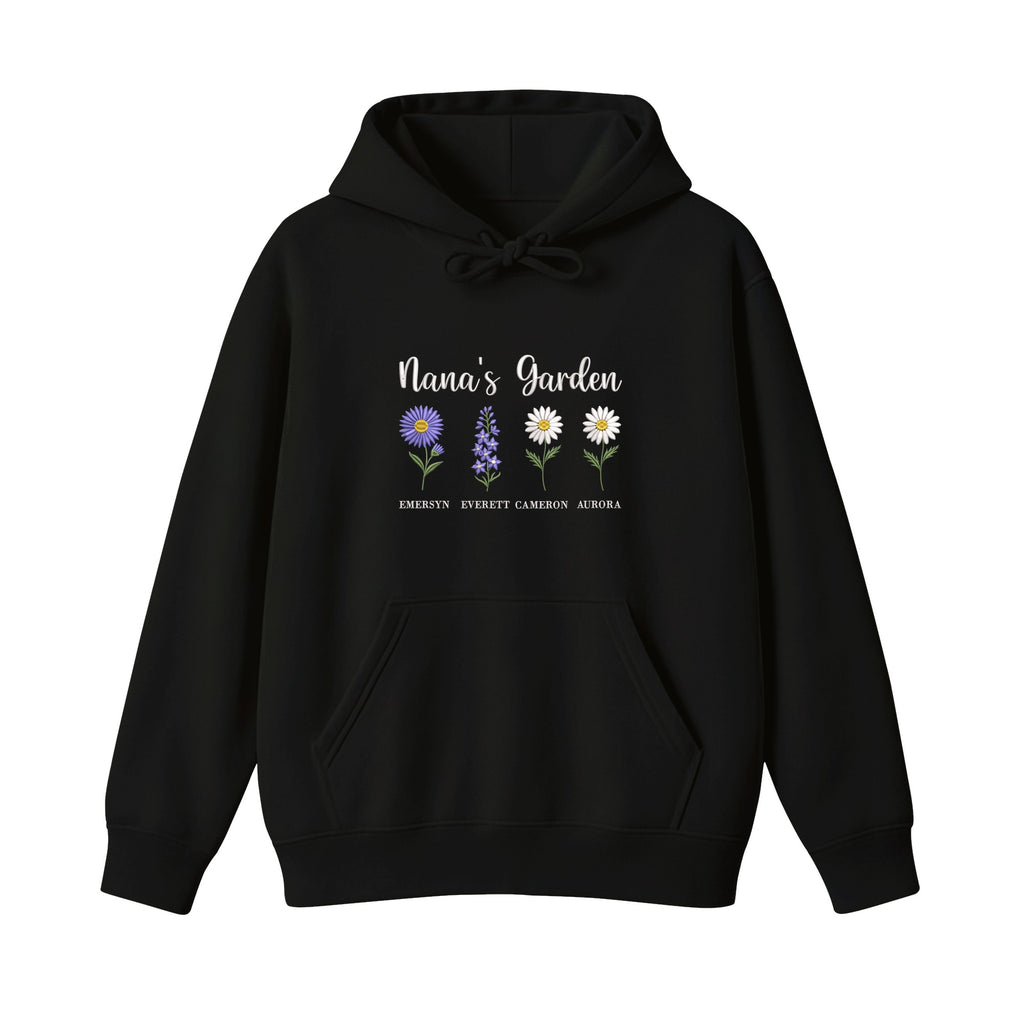 Nana's Garden Custom Grandkids Name Birth Flower embroidered hoodie in Black — front view