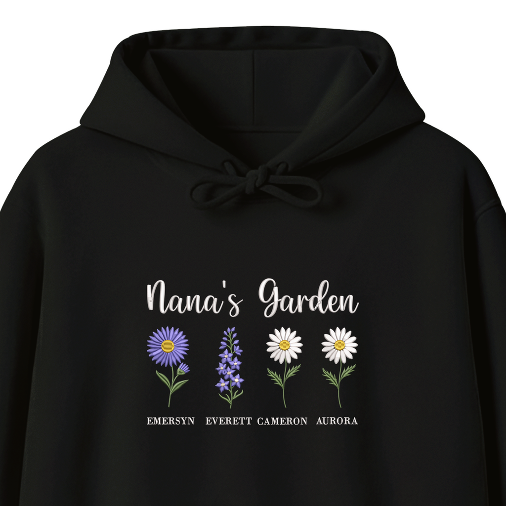 Nana's Garden Custom Grandkids Name Birth Flower embroidered hoodie — chest embroidery