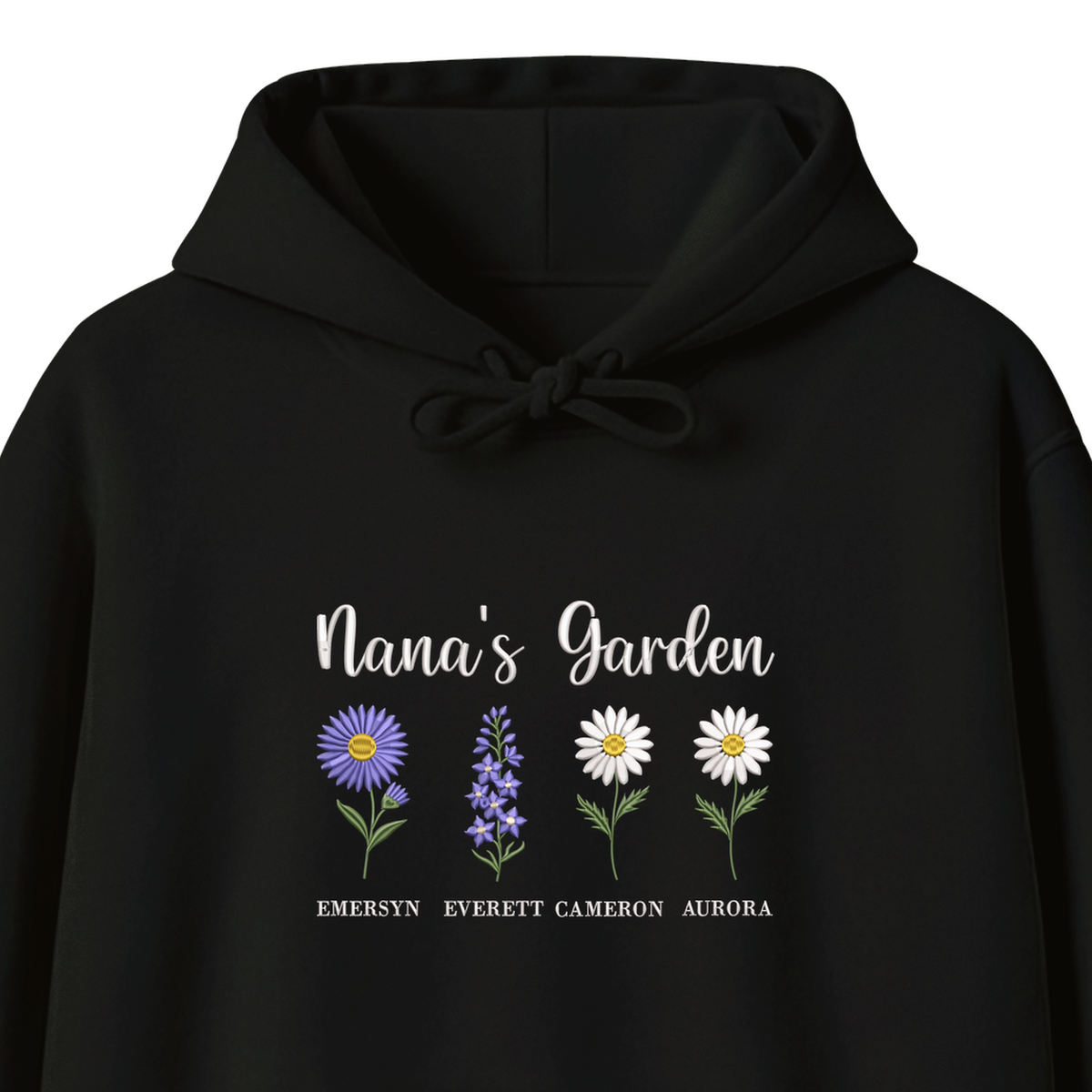 Nana's Garden Custom Grandkids Name Birth Flower embroidered hoodie — chest embroidery