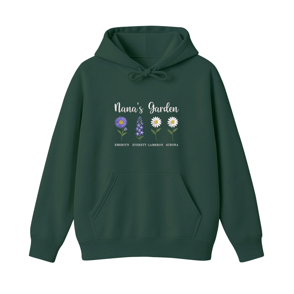 Nana's Garden Custom Grandkids Name Birth Flower embroidered hoodie in Forest Green — chest embroidery