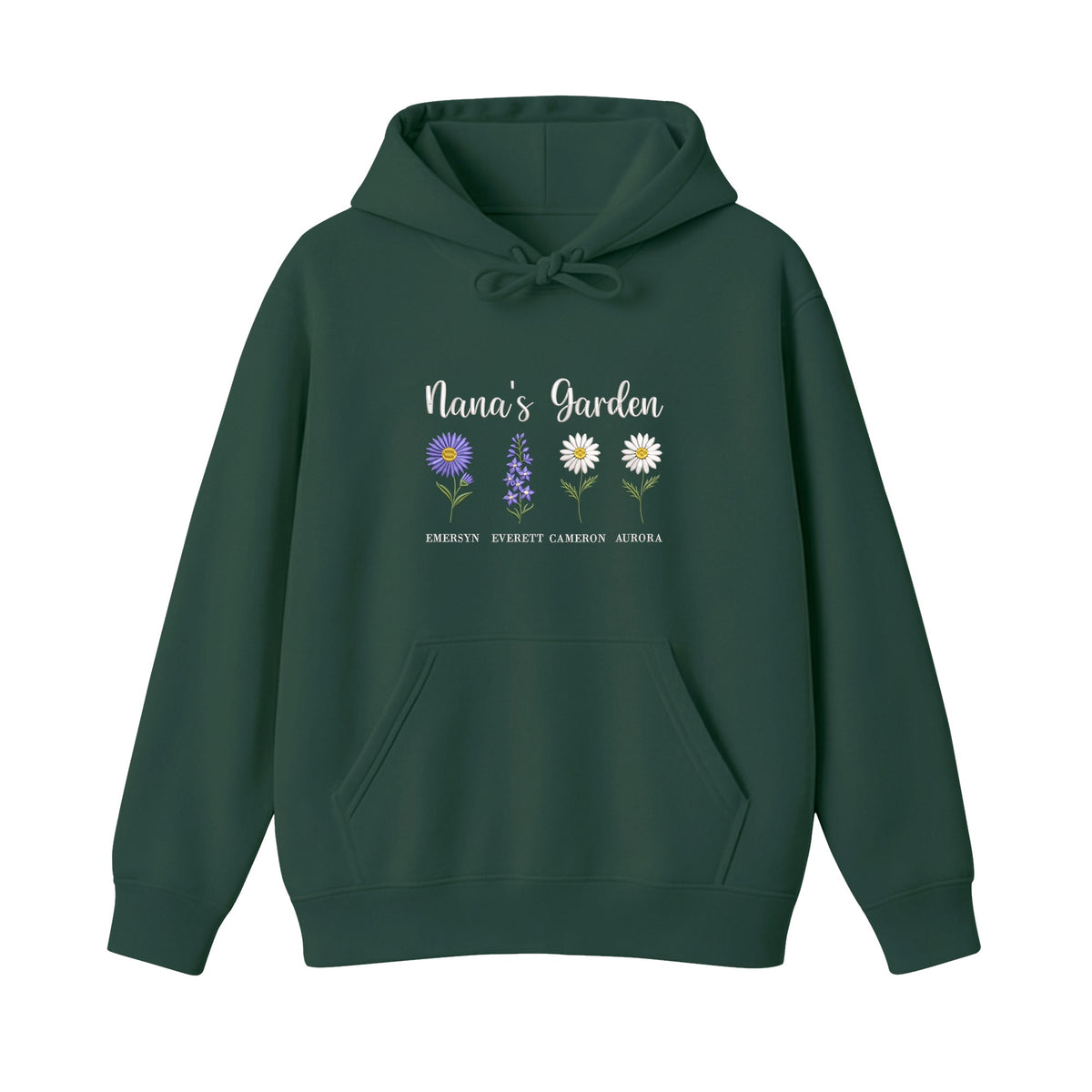 Nana's Garden Custom Grandkids Name Birth Flower embroidered hoodie in Forest Green — chest embroidery