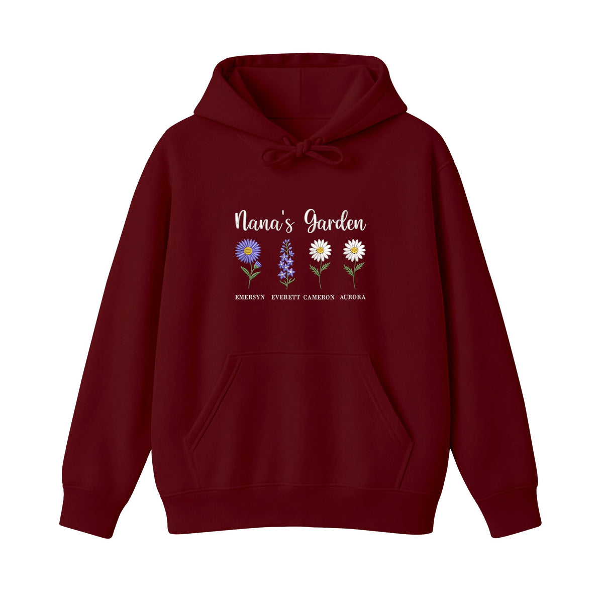 Nana's Garden Custom Grandkids Name Birth Flower embroidered hoodie in Marron — chest embroidery