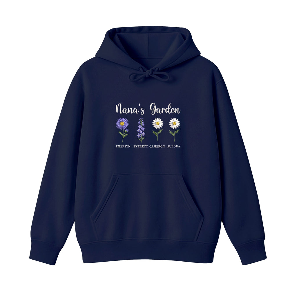 Nana's Garden Custom Grandkids Name Birth Flower embroidered hoodie in Navy — chest embroidery