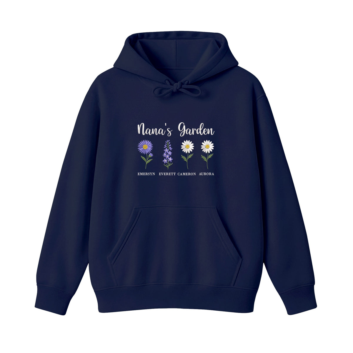 Nana's Garden Custom Grandkids Name Birth Flower embroidered hoodie in Navy — chest embroidery