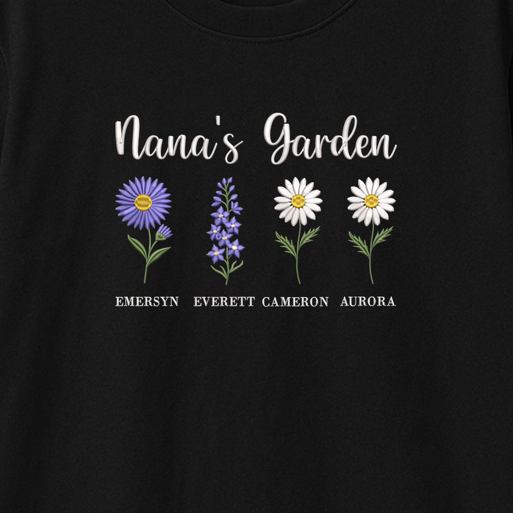 Nana's Garden Custom Grandkids Name Birth Flower embroidered t-shirt — chest embroidery