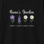 Nana's Garden Custom Grandkids Name Birth Flower embroidered t-shirt — chest embroidery