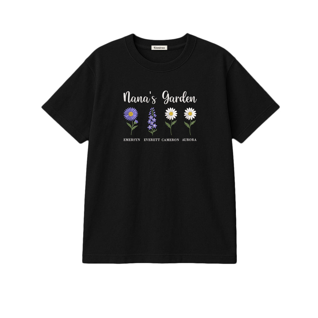 Nana's Garden Custom Grandkids Name Birth Flower embroidered t-shirt in Black — front view