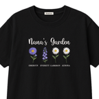 Nana's Garden Custom Grandkids Name Birth Flower embroidered t-shirt — chest embroidery