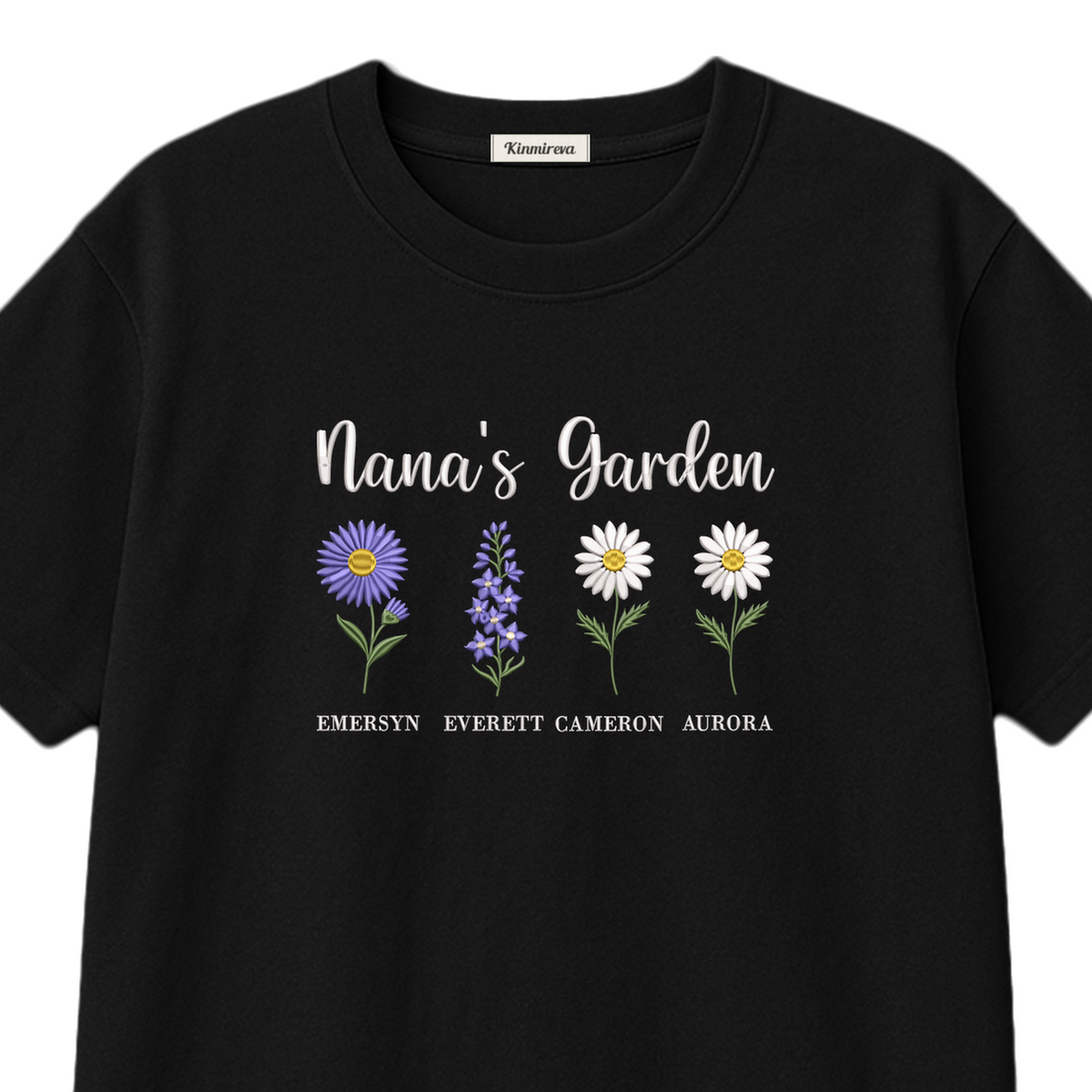 Nana's Garden Custom Grandkids Name Birth Flower embroidered t-shirt — chest embroidery