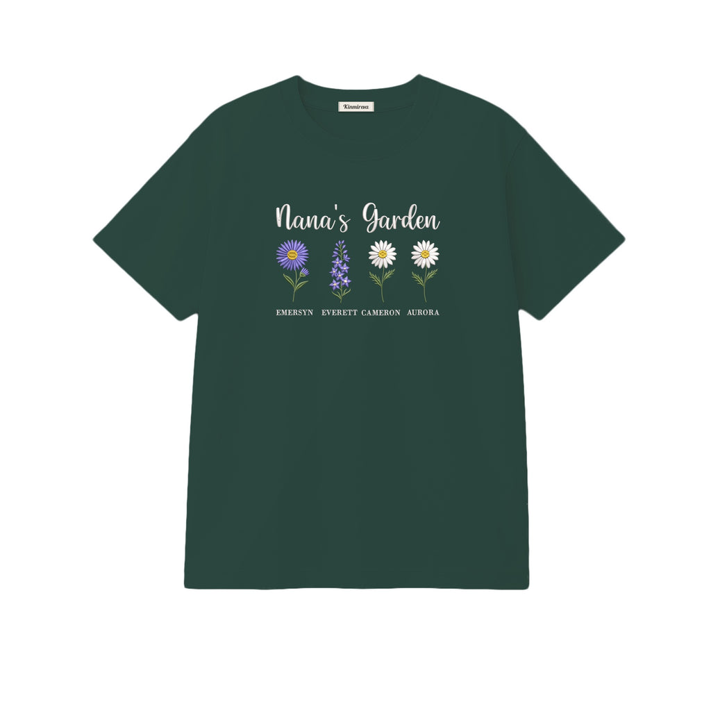 Nana's Garden Custom Grandkids Name Birth Flower embroidered t-shirt in Forest Green — chest embroidery