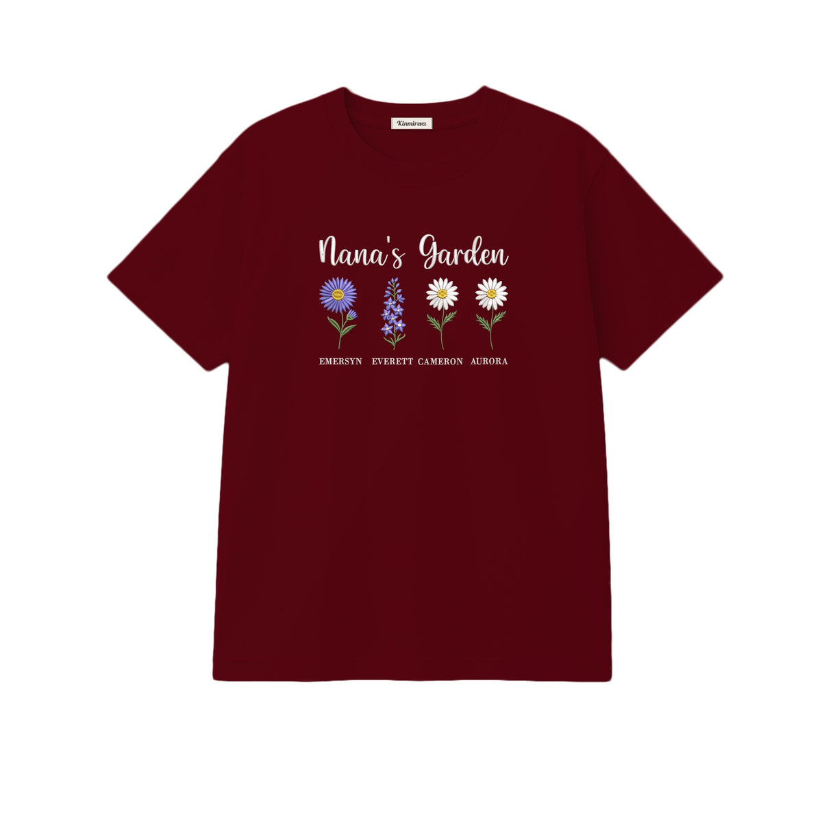 Nana's Garden Custom Grandkids Name Birth Flower embroidered t-shirt in Marron — chest embroidery