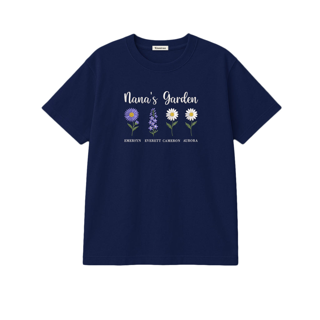 Nana's Garden Custom Grandkids Name Birth Flower embroidered t-shirt in Navy — chest embroidery