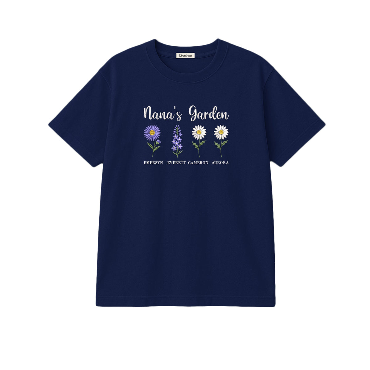 Nana's Garden Custom Grandkids Name Birth Flower embroidered t-shirt in Navy — chest embroidery